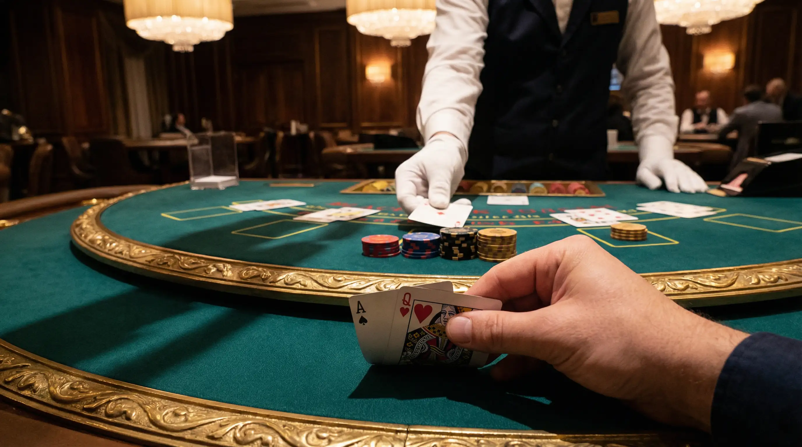 Mesa de blackjack profesional con cartas y fichas de casino